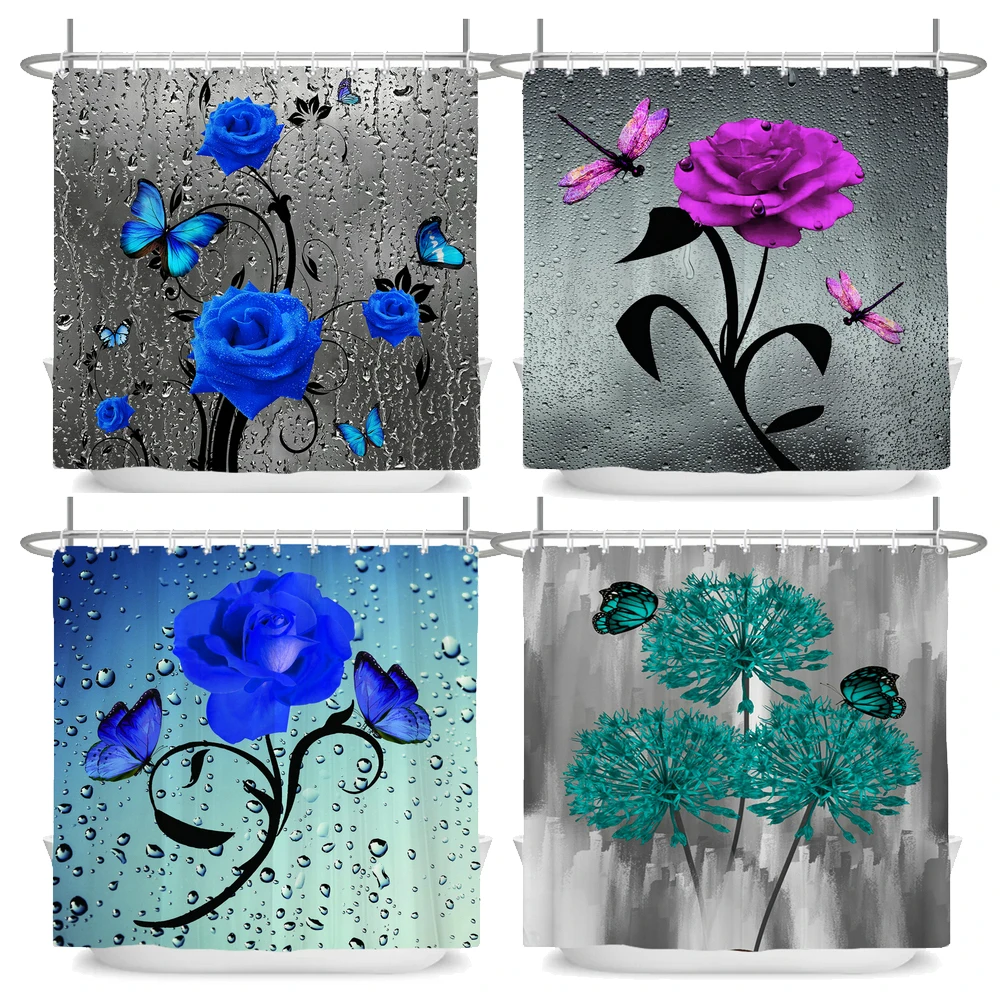 

Art Shower Curtain for Bathroom with Hooks,Flowers Rose Butterfly Decoration Bathroom Curtains Set, Waterproof Polyester Fabric