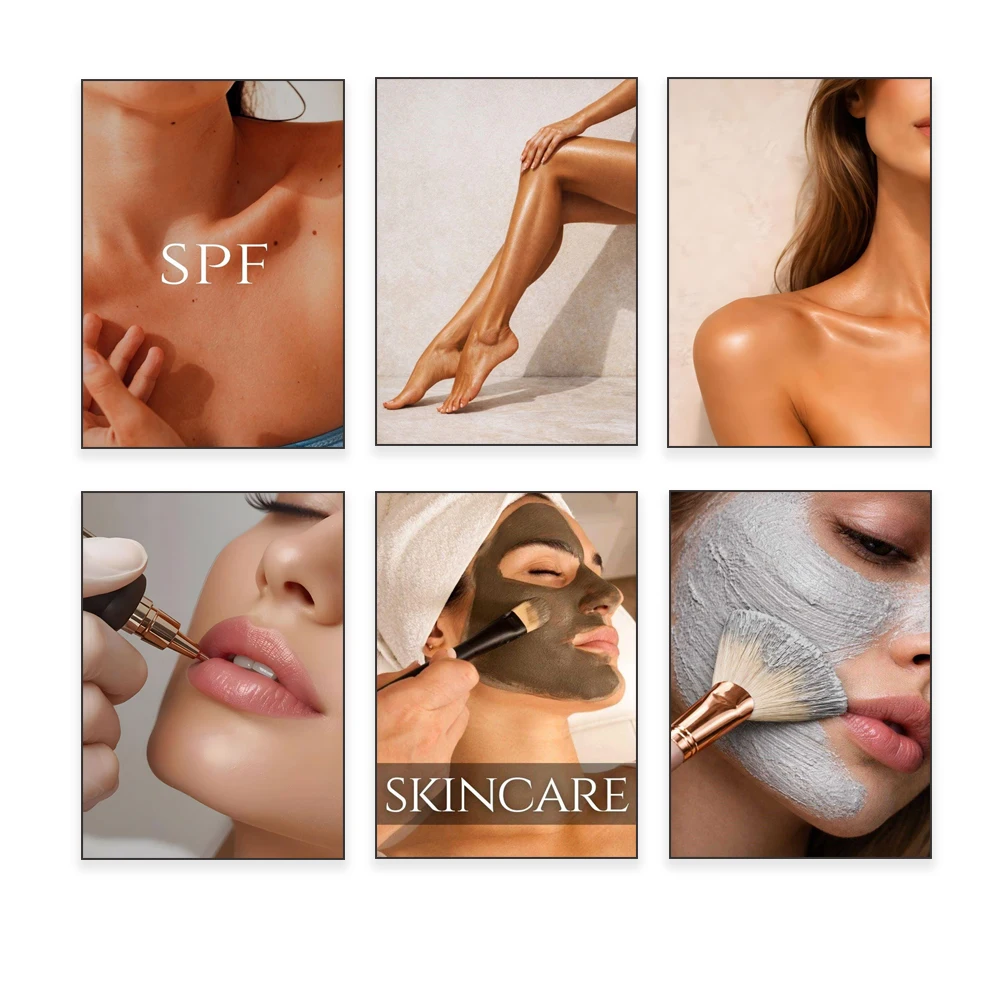 Poster con trattamenti di skincare e cure del viso realizzati da estetiste, adatti per saloni, centri benessere e studi di bellezza.