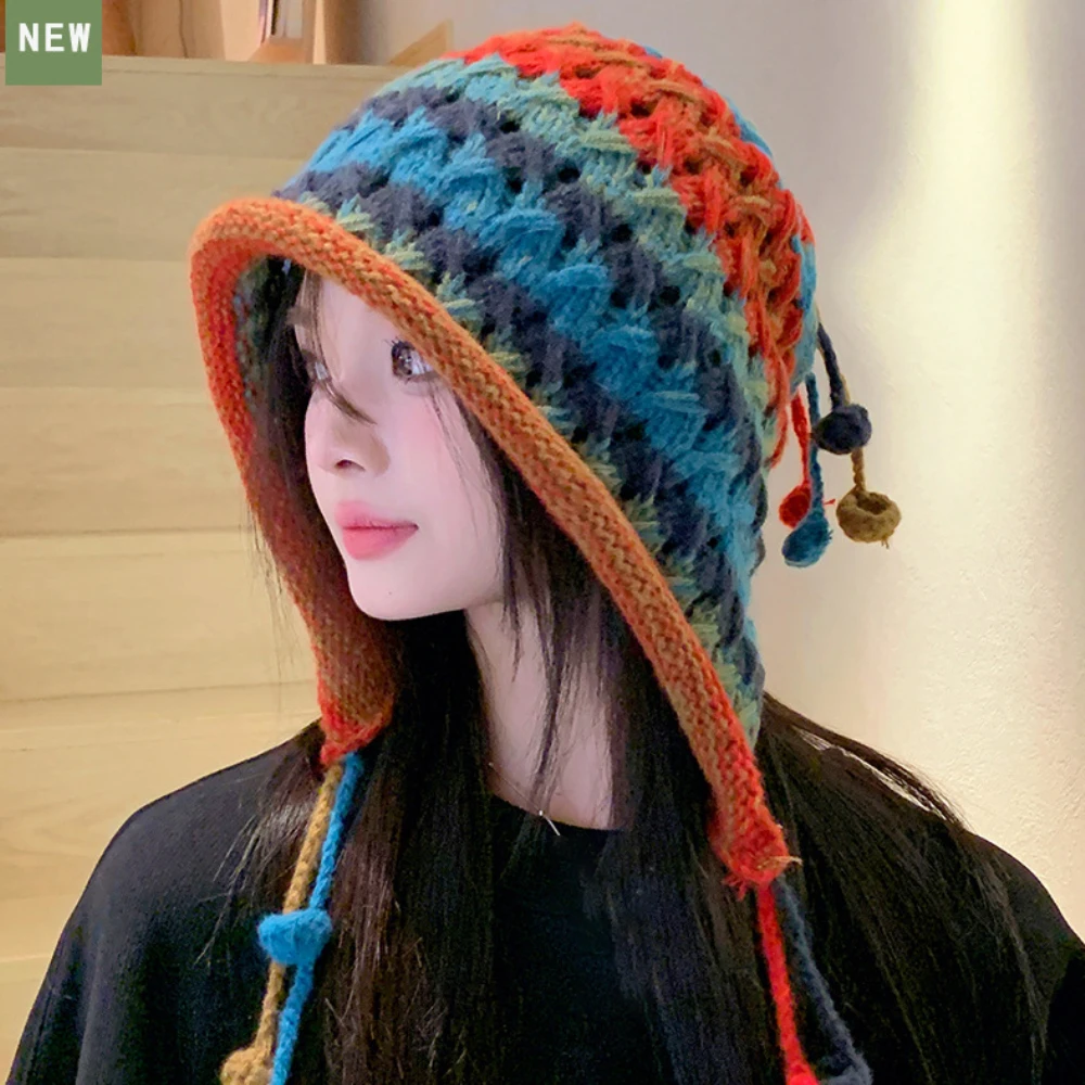 HT4249 Mode Gestrickte Hut Frauen Herbst Winter Skullies Mützen Damen Bunte Earflap Kappe Weibliche Handgemachte Quasten Beanie Hut – Detail 8