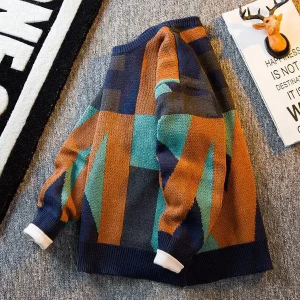 Suéter de punto con estampado para hombre, jersey marrón con cuello redondo y letras, cuello redondo, holgado, con calefacción, novedad, jerseys informales de algodón