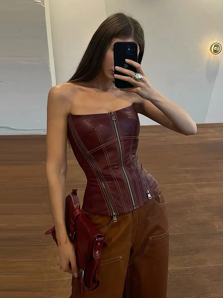 Nibber Hottie Tank Top Women Zip Leather Sexy Classic Irregular Sleeveless Backless Patchwork Midnight Coquette Club Streetwear