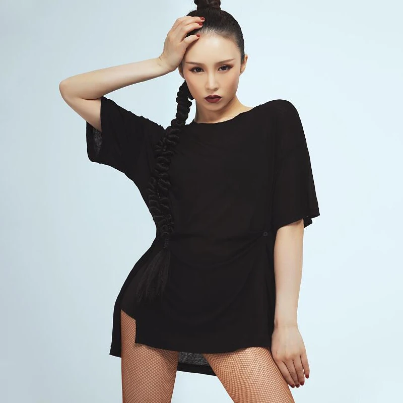 

2022 New Latin Dance Practice Clothes Women'S Side Slit Adjustable Button T-Shirt Top Loose Female Latin Dance Dress DQS9855