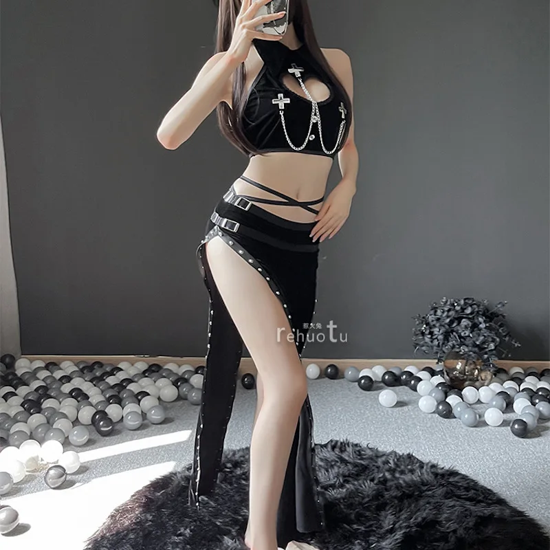 

Готические сексуальные костюмы дьявола, женское нижнее белье Qipao, униформа Ципао из металла и кожи, Чонсам с кожаным ремнем, платье с вырезами для игр для взрослых
