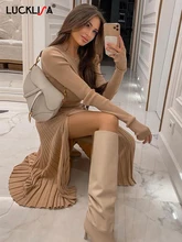 

Lucklisa Knitted 2 Pieces Sets Women Cropped Shirts And Skirts Outfit Female Hight Side Split Skirts Autumn Winter Women Sets
