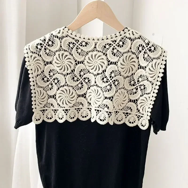 Women Shrugs Lace Hollow Out Female Summer Casual All-match Shawls Simple Scarf-collar Sleeveless Knitted Tops Korean Style Chic 6