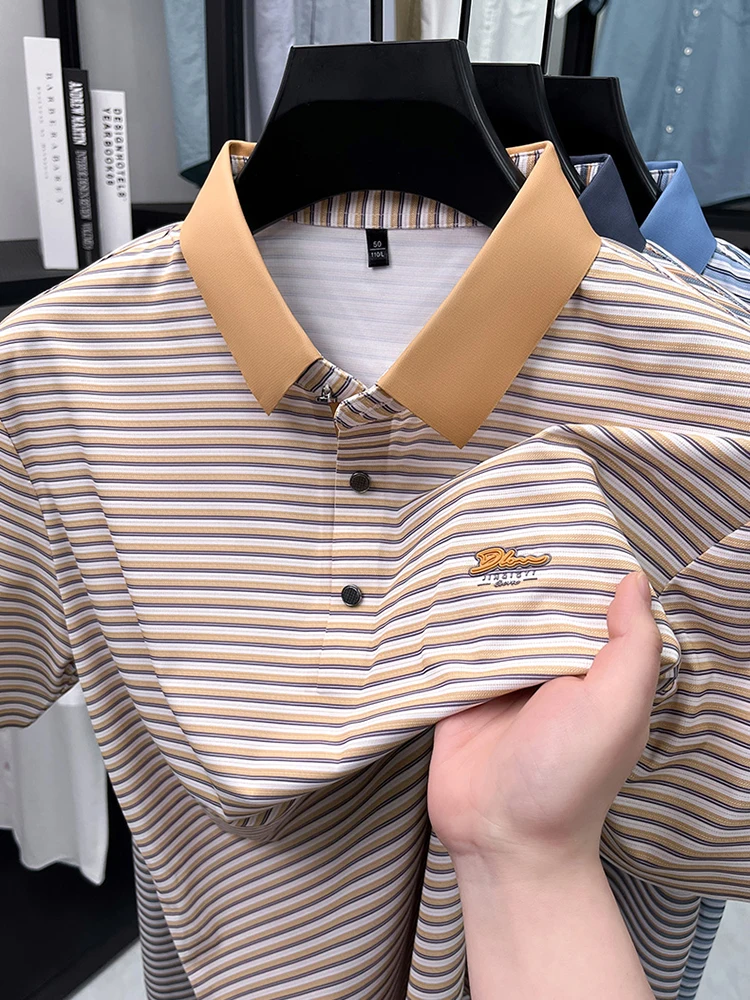 Fashion stripe color blocked men short sleeve polo shirt summer new trend brand embossed silky smooth breathable casual T-shirt 17 Sb0ac5d80179144808e7346f5b35e2f4f1