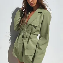 

2021 New Spring Autumn Fashion Blazer Solid Colors Green Sash Elegant Blazers Women Mid Length Double Breasted Suits Office Lady