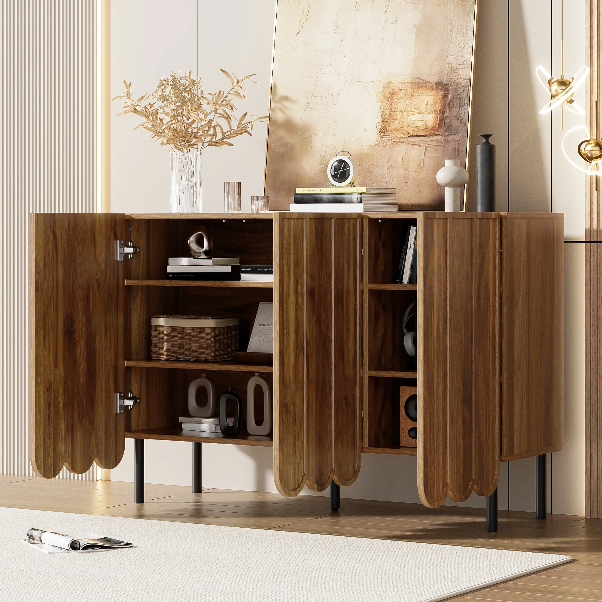 PINGGO Modernes Holz-Sideboard mit Schwingtüren Grifflose Verstellbare Regale für Wohnzimmer Flur Esszimmer Aufbewahrung – Detail 7