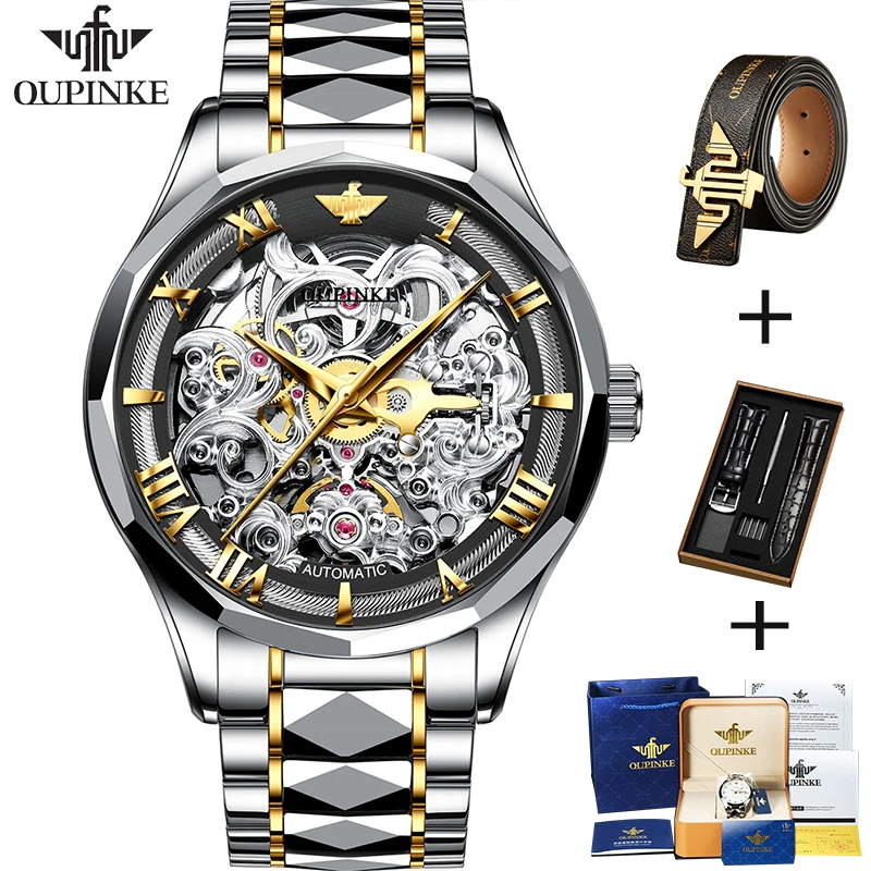 

OUPINKE Swiss Brand-Skeleton Automatic Mechanical Watches Men Watch Sapphire Crystal Luxury Tungsten Steel Waterproof Wristwatch