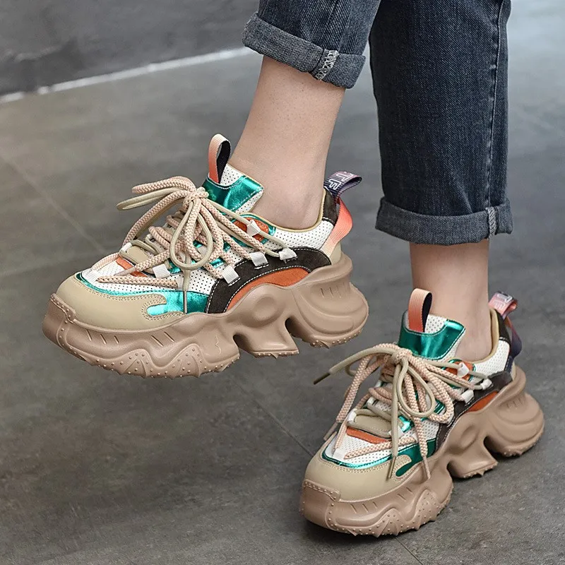 

YourSeason 2023 New Casual Ladies Lace-up Shoes Genuine Leather Women Breathable Mesh Comfort Platform Sneakers Mixed Colors