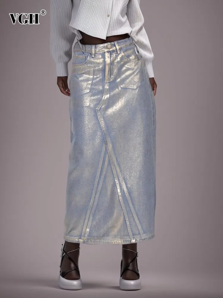 

VGH Colorblock Patchwork Pockets Casual Denim Skirts For Women High Waist Spliced Button Temperament A Line Skirt Female Fashion