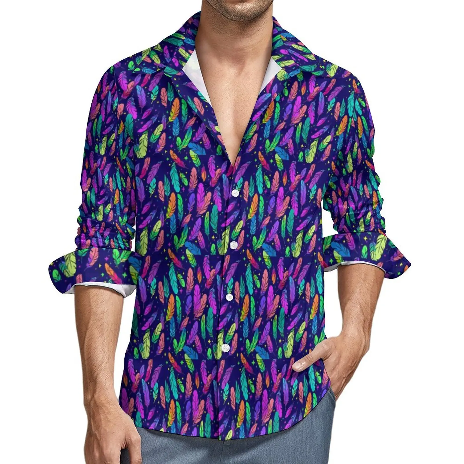 

Colorful Feather Y2K Casual Shirt Men Purple Bule Shirt Autumn Trending Blouses Long Sleeve Design Oversize Clothing