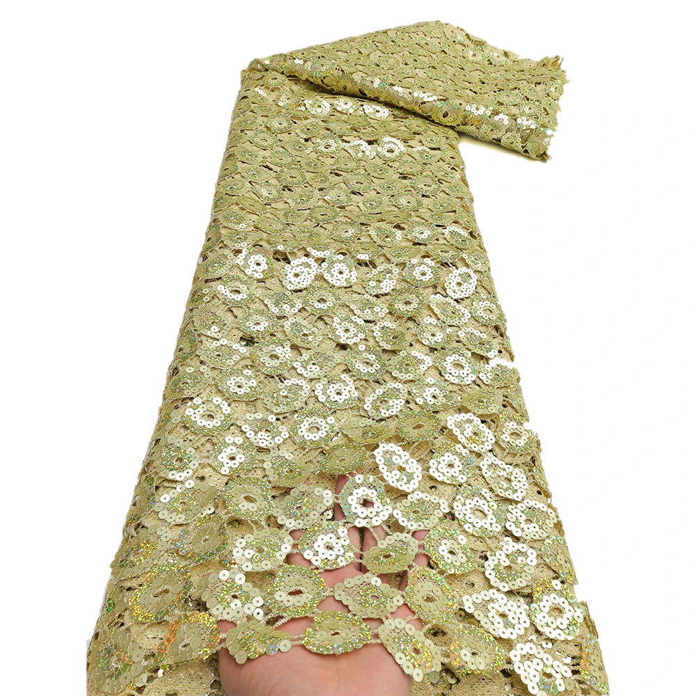 African Guipure Cord Lace Fabric Nigerian French Water Soluble Sequins Lace Fabric Wedding Party Dress