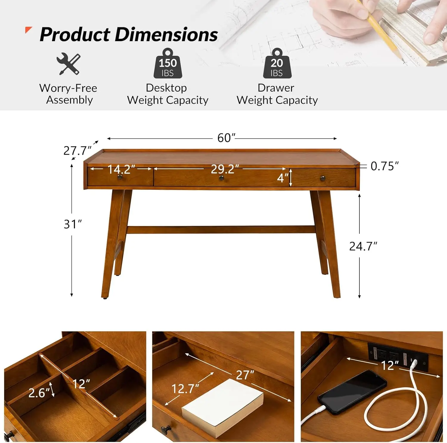 Hulala Home Home Office Desk With 3 Drawers & Solid Wood Legs, Writing Table With Charging Station & Cable Management, Mid