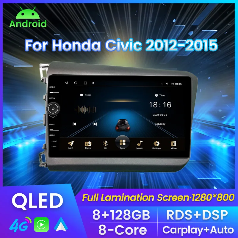 

QLED экран с ручкой Автомагнитола For Хонда Цивик 9 For Honda Civic 9 FB FK FD 2011 - 2015 мультимедийный плеер навигация GPS Автомобильная интеллектуальная система Carplay Android авто до 8 ядер 8 + 128G No 2din DVD