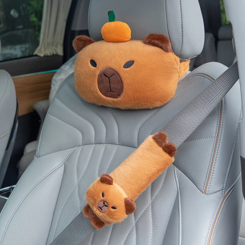 카피바라 차량용 헤드레스트 목베개 어깨받침 세트 카피바라 플러시 어깨 보호대 귀여운 티슈 박스 차량 장식