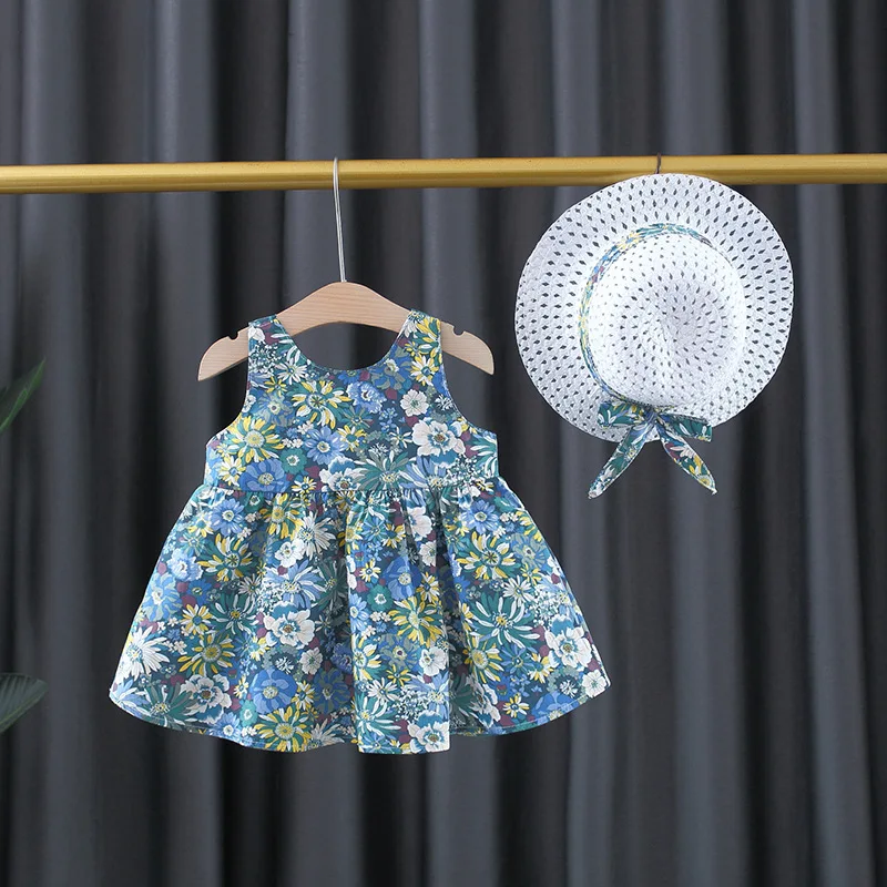 Children's Clothing Summer New Girls' Dress Backless Bow Retro Floral Girl Baby Princess Skirt With Hat - Image 5