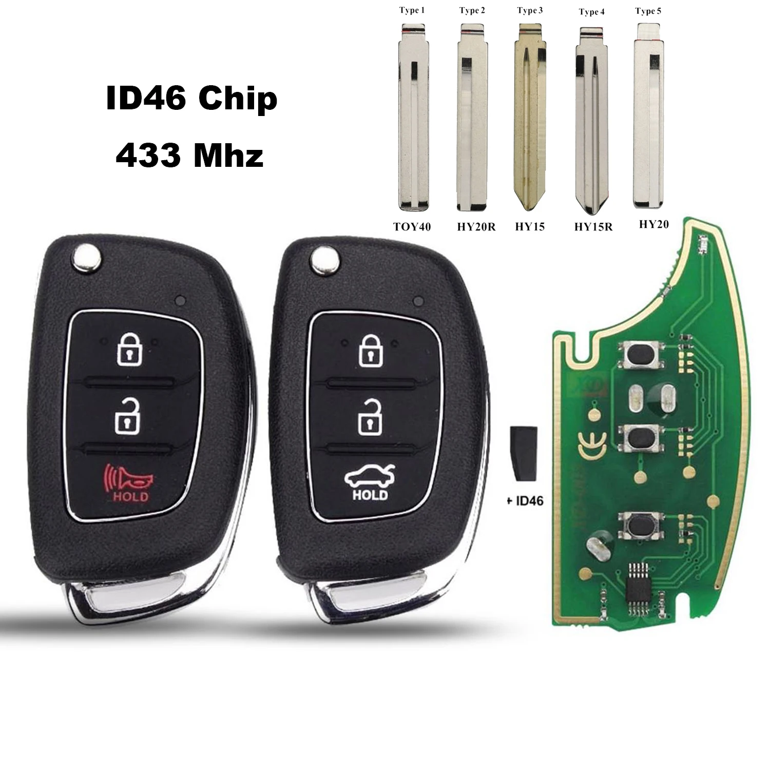 

jingyuqin Car Key For Hyundai Solaris Accent Tucson l10 l20 l30 Kia Rio Ceed 3B 433Mhz With ID46 Board Control