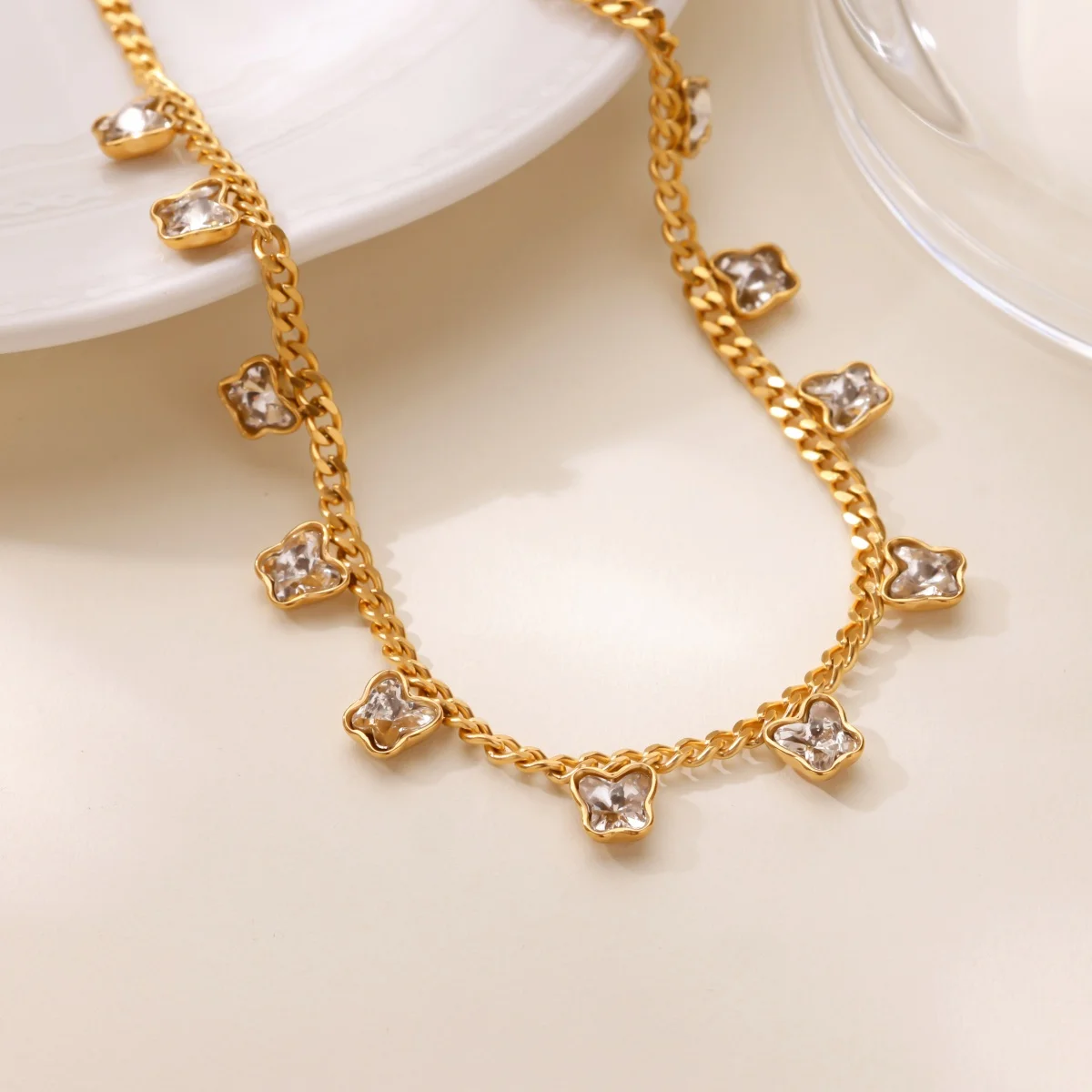 Classic Square Zirconia Stainless Steel Butterfly Necklace For Women