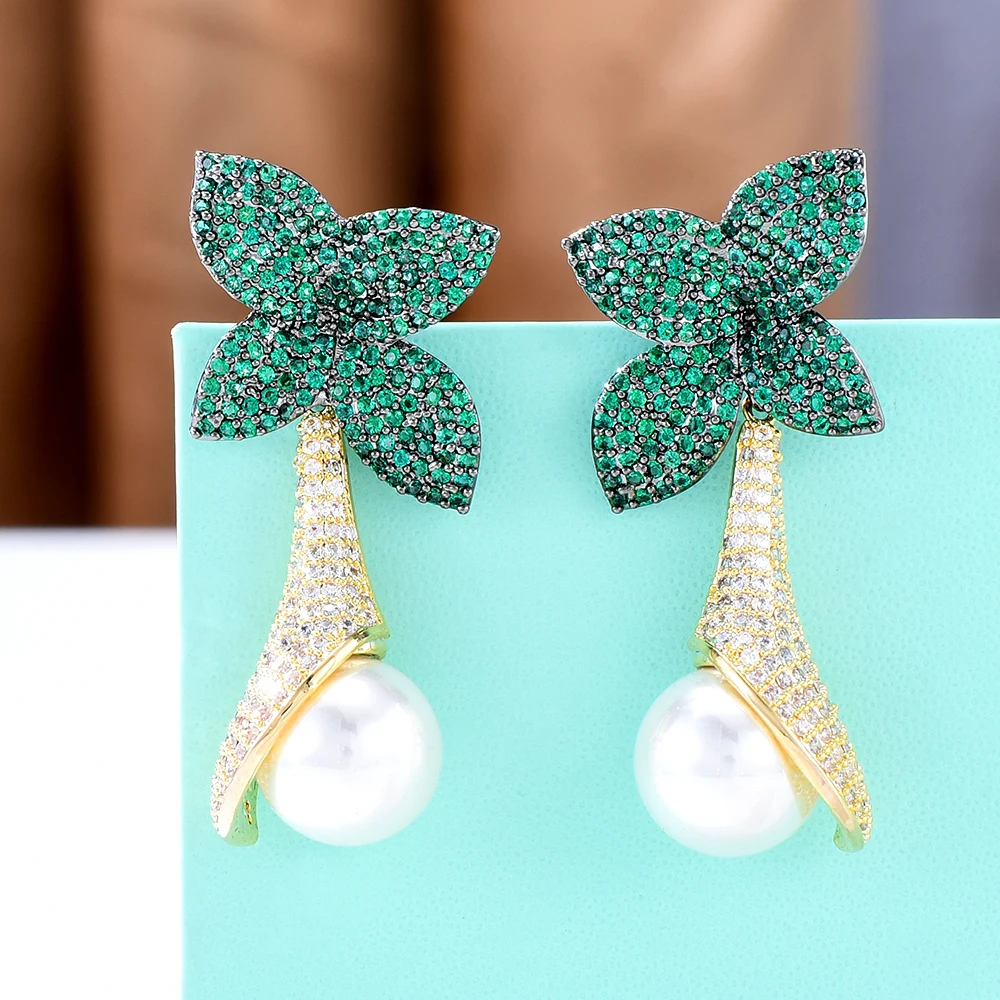 

Kellybola New Original Branch Flower Pearls Green Drop Earrings for Women Fine Jewelry Full CZ Accessories 2022 Earrings Jewelry