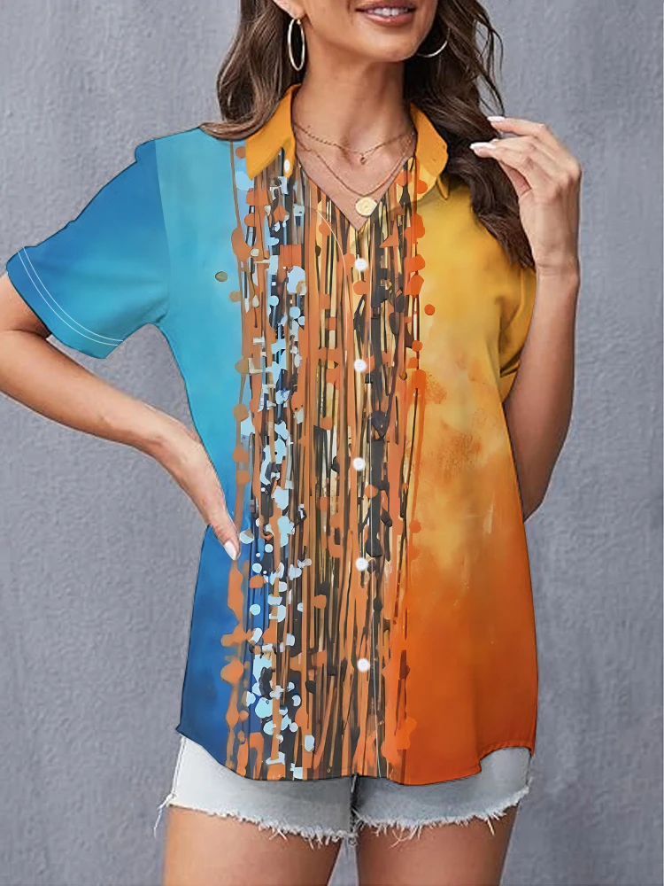 

Women's short-sleeved lapel shirt summer innovative personality 3D digital printed shirt street popular women's short-sleeved to