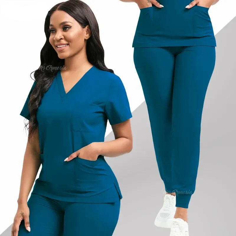 

New Scrubs Set Medical Uniforms Stretch Scrub Tops With Pocket Pants Nurse Uniform Doctor Surgery Overalls Beauty Salon Workwear