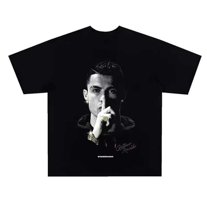 2025 الصيف كريستيانو رونالدو نجم كرة القدم سوبر موضة مطبوعة تي شيرتات قصيرة الاكمام الرجال استغاثة القطن المرأة التي شيرت