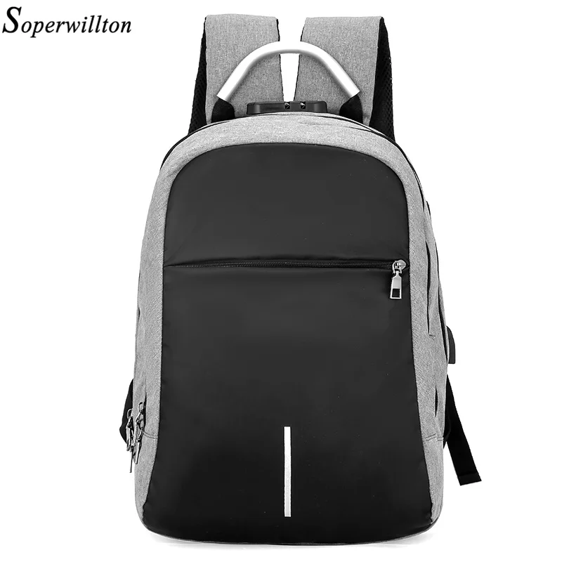 

Soperwillton Men Backpack USB Port 15.6 inch Laptop s For Teenager Mochila Masculina Travel backpack Work #1206