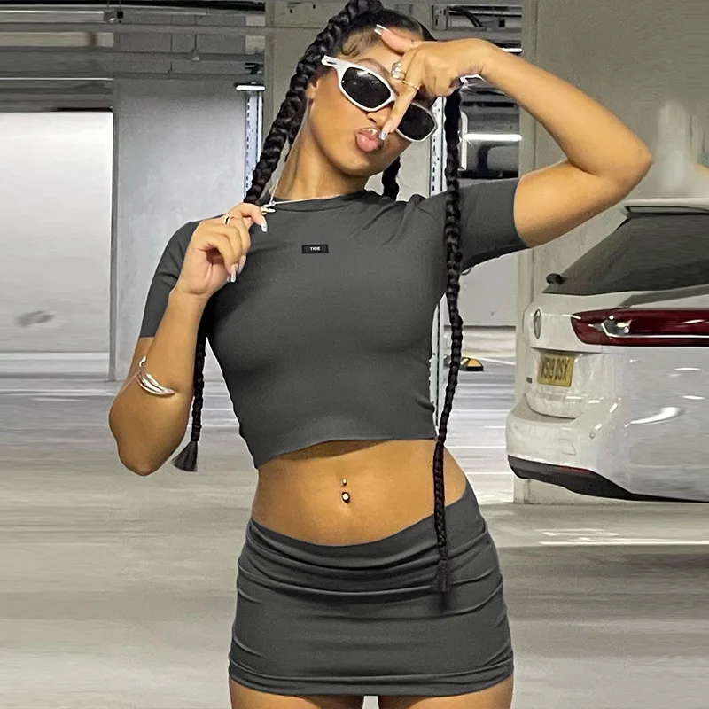 

2023 Short Sleeve Crop Top And Mini Skirt Sets 2 Piece Sets Women Outfit Summer Sexy Night Club Outfits Y2K Streetwear Set