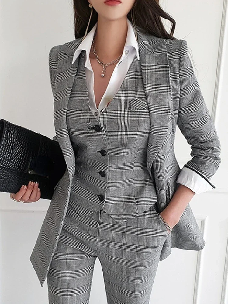 Women Plaid 3-piece Pants Sets