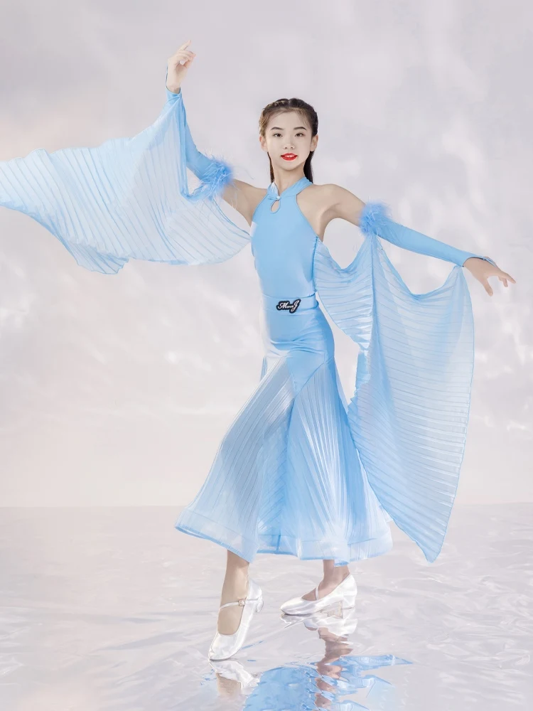 Girls Blue Ballroom Dancing Dresses Off-Shoulder Bodysuit Skirt Feather Gloves Waltz Tango Dancing Competition Costume VDB7855