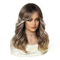 Brown Blonde Highlights Synthetic Wig Medium Length Wavy Wigs with Eight-character Bangs for Women Cosplay Lolita Daily Wigs 4