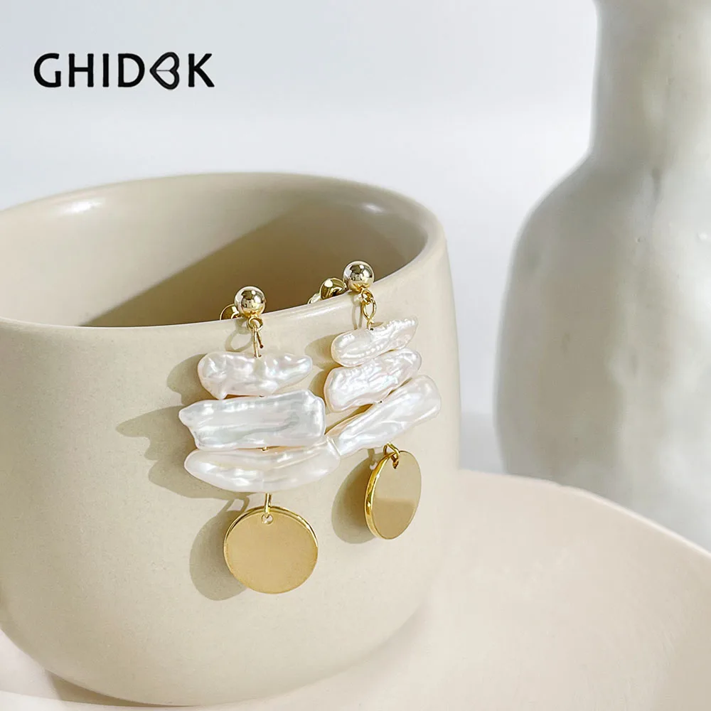 Ghidbk Elegant Irregular Baroque Natural Freshwater Pearl Drop Earring for Women Fashion Geometric Golden Disc Dangle Earring