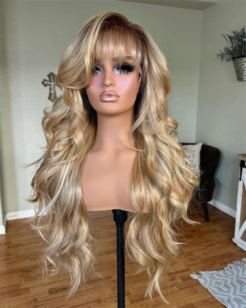 Light Honey Blonde with Icy Highlights Lace Part Wig with Bangs Synthetic Lace Front Wig for Women