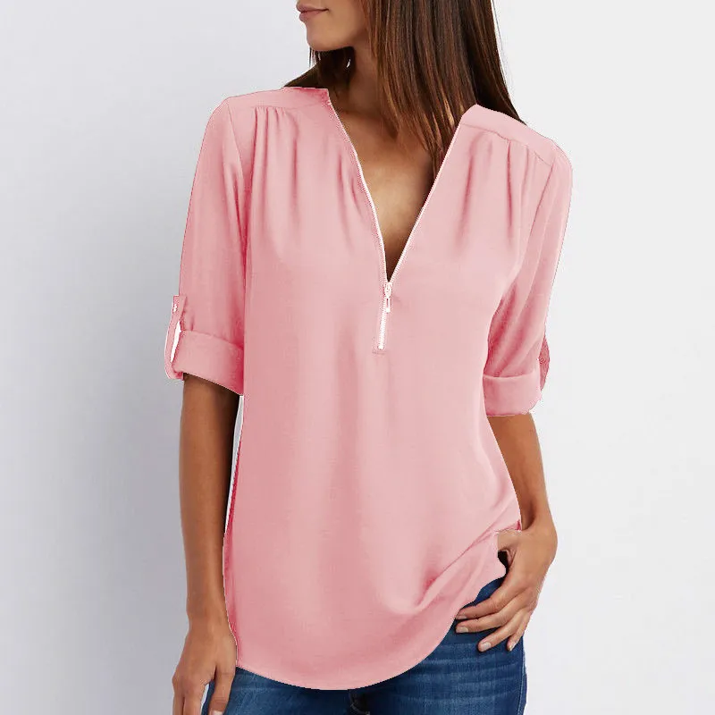 S-5XL Ladies Loose Chiffon Shirt Multi Colors V-Neck Zipper Long-Sleeved Casual Basic White Black Blouse Shirt Tops Plus Size 6