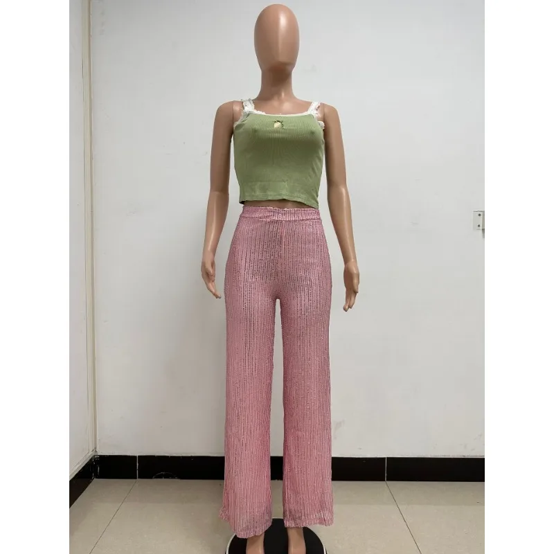 Women's Sequins Loose Casual Pants Solid Elastic High Waist Stretch Trends Versatile Wide Leg Trousers Club Party Streetwear