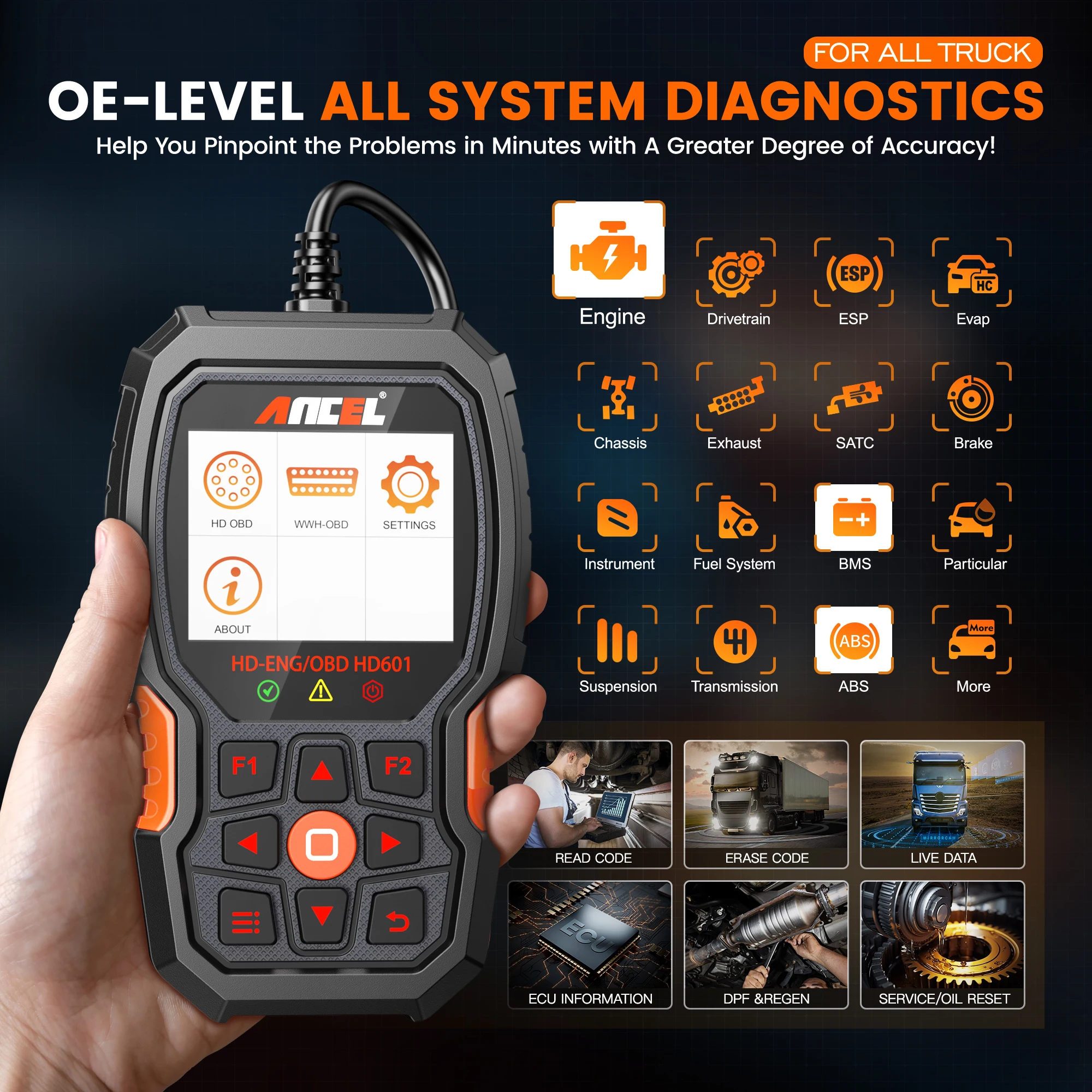 ANCEL HD601 Heavy Duty Truck Scanner Diagnostic Tool All System OBD2 Scanner Car Check Engine Code Reader with Reset DPF ABS 2