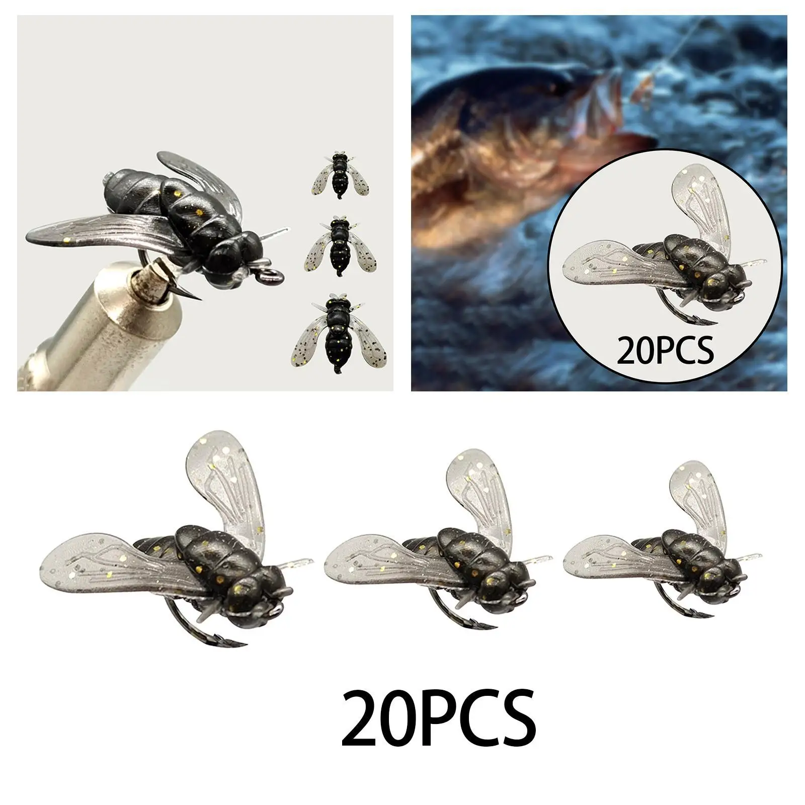 20x Fly Fishing Flies Simulation Fast Sinking Dry Baits Wet Nymph Fly Metal with Hook for Crappie Trout Snapper Bluegill Salmon