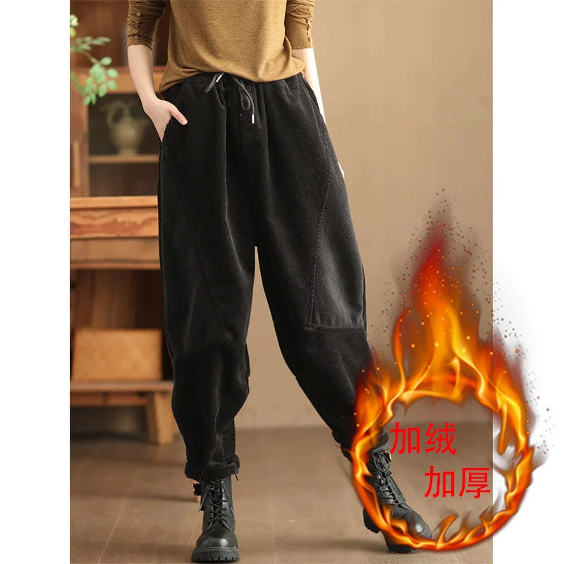 Women Autumn Winter Korean New High Waist Corduroy Harlan Pants Fashion Design Solid Pocket Splicing Fleece Warm Versatile Pants