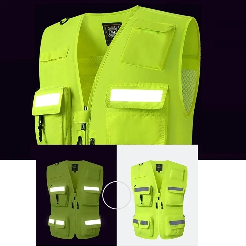 New Reflective Men\'s Waistcoat Jackets Vest Men Multi Pocket Photography Hiking Fish Vest Male Sleeveless Breathable Mesh Vest