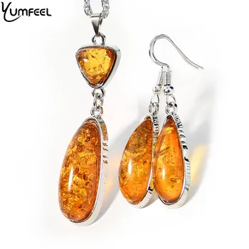 Yumfeel New Amber Pendant Necklace & Earrings Women Vintage Boho Vintage Jewelry Set 1