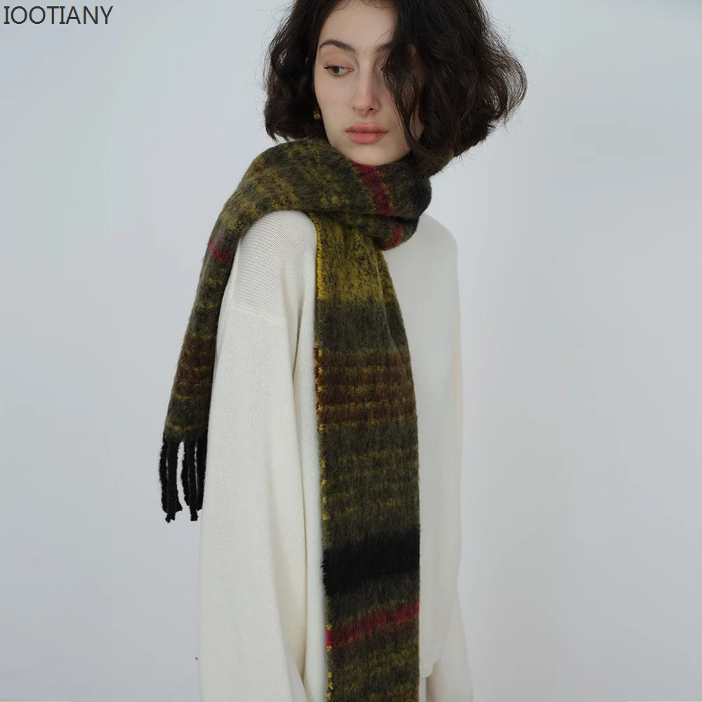 IOOTIANY New Autumn And Winter Warm Scarf Wool Blended Saturn Striped Scarve Women\'s Casual Fringed Plaid Shawl