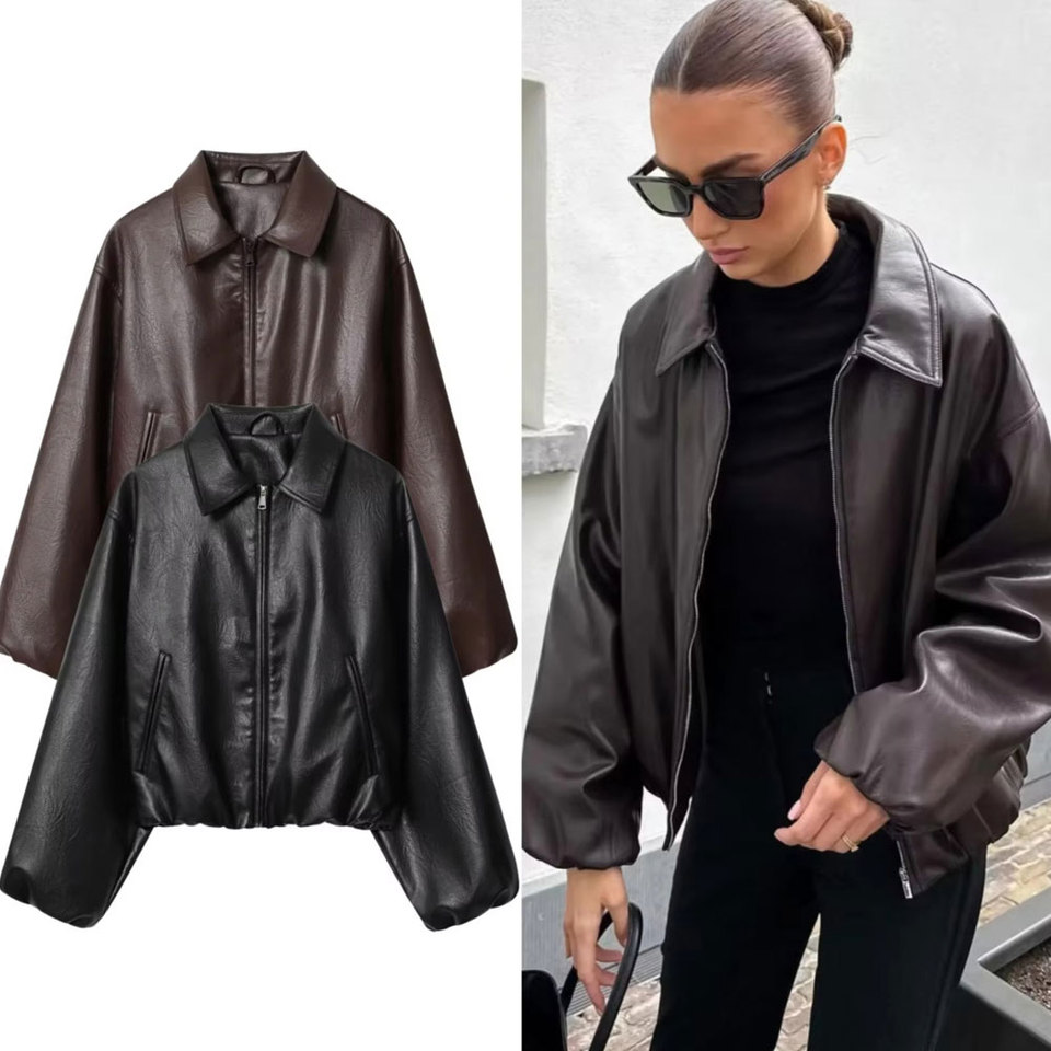 HH Women Vintage Dark Brown Faux Leather Bomber Jacket Long Sleeve Zipper Lapel Coat Spring Autumn Fashion Lady Streetwear Tops
