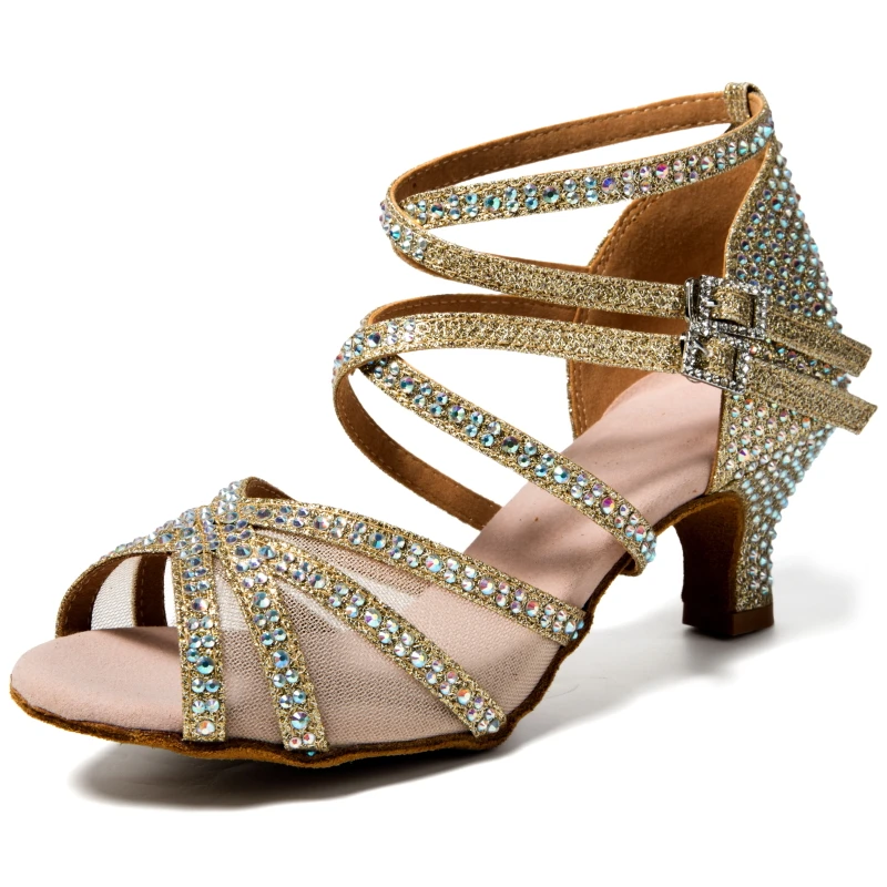 Latin Dance Shoes 2024 New Adult Women's Mid High Heel Diamond Dance Shoes Summer Soft Sole Chacha Square Women's Shoes 2
