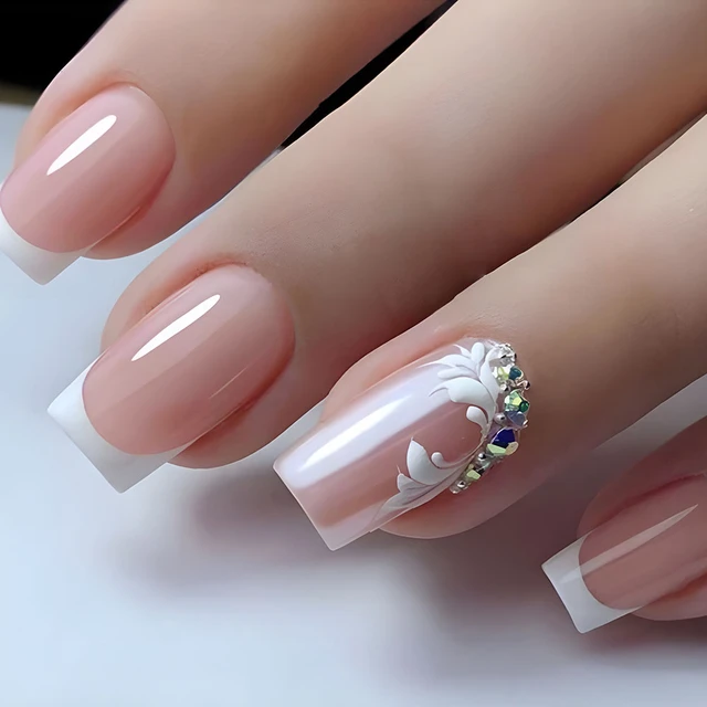 White Nails Pink French Tips | Pink White Press Nails | Pink French Tip  Nails Square - False Nails - Aliexpress