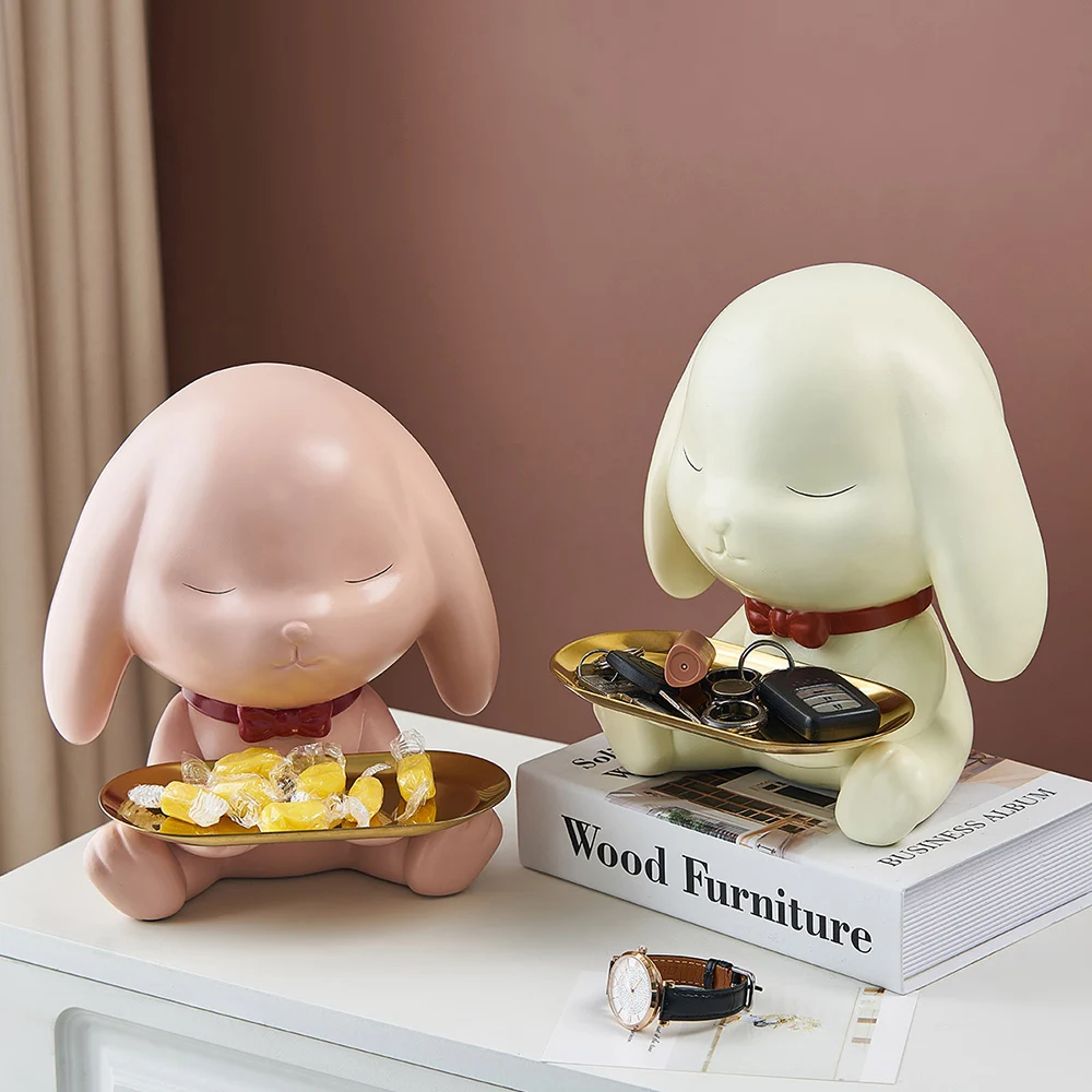 

Candy Organizer Rabbit Figurine Creative Cute Animal Room Decor Ornaments Desk Accessories Home Resin Storage Tray Key Gift