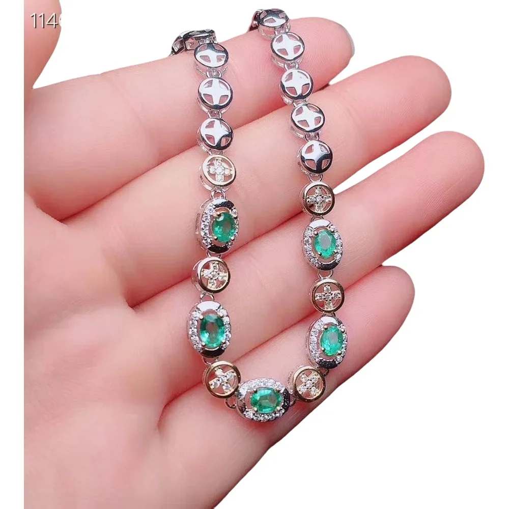 

KJJEAXCMY-925 Sterling Silver Inlaid Natural Emerald Bracelet, Vintage Female Hand Bracelet, Support Testing, Fine Jewelry