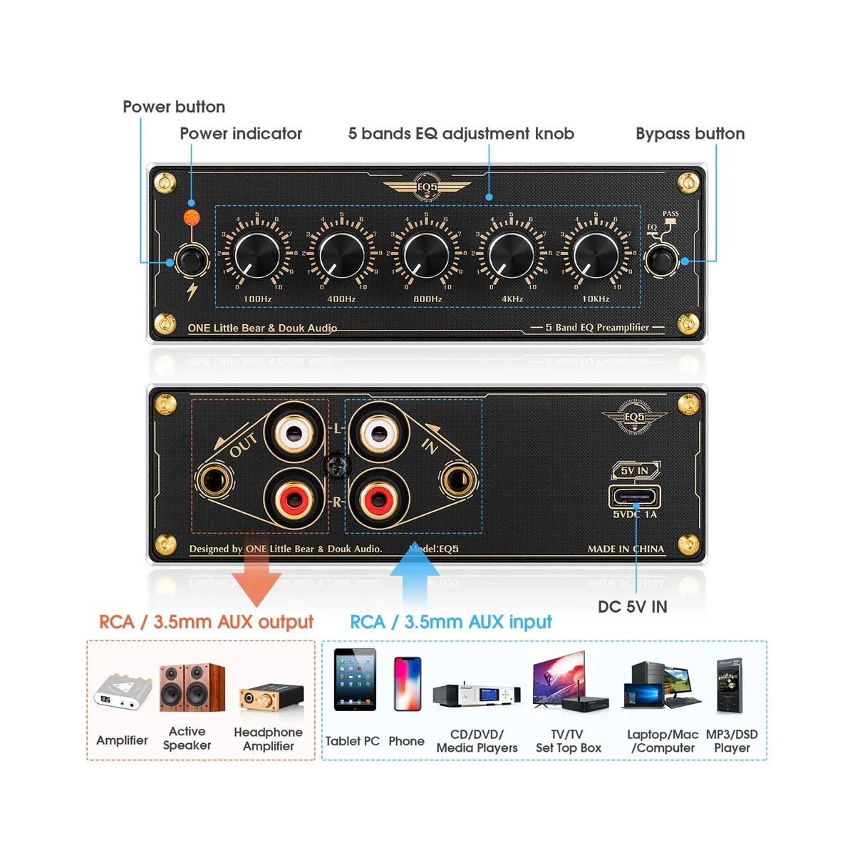 EQ5 2.0 Channel Mni 5-Band Analog EQ Preamp Audio Equalizer Home/Car Audio Processor Stereo Pre-Amplifier
