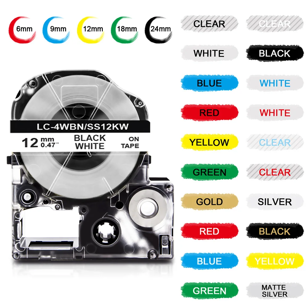 

6/9/12/18/24mm Compatible Epson Label Cartridge SS12KW LC-4WBN for Label Printer Epson Labelworks LW-400 LW-600P LW-500 LW-900
