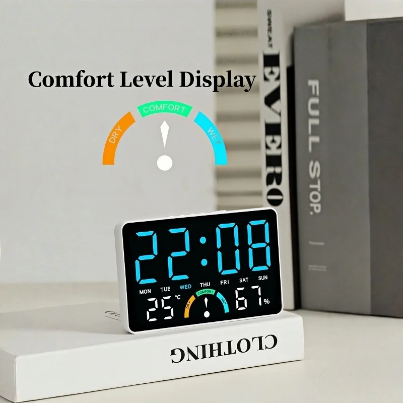 Digital Alarm Clock TEMP Humidity Week Comfort Level Dual Alarm Snooze Table Clock 12/24H Timer Auto Dimmable LED Wall Clock